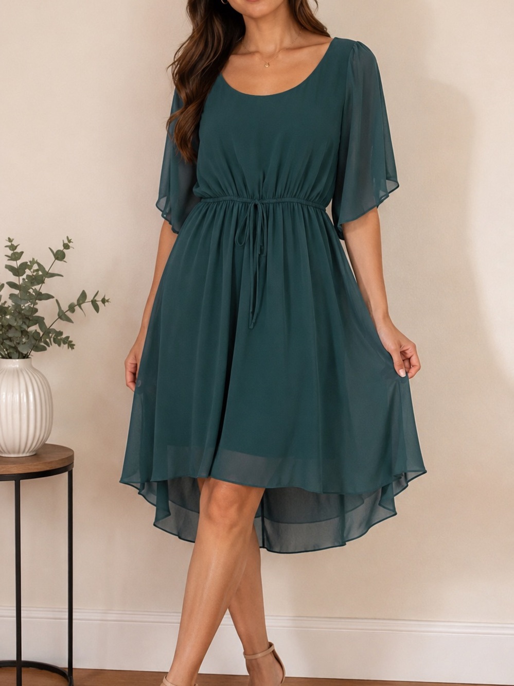 Elegant Forest Green High-Low Chiffon Dress with Tie Waist